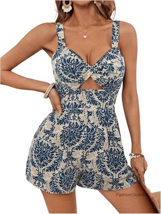 Pants - Cut Out Twist V Neck Sleeveless High Waisted Boho Shorts Jumpsuit Romper